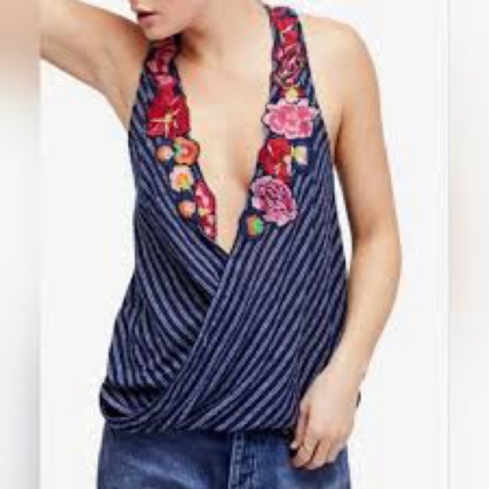 Free People Navy Striped Floral Tank Top